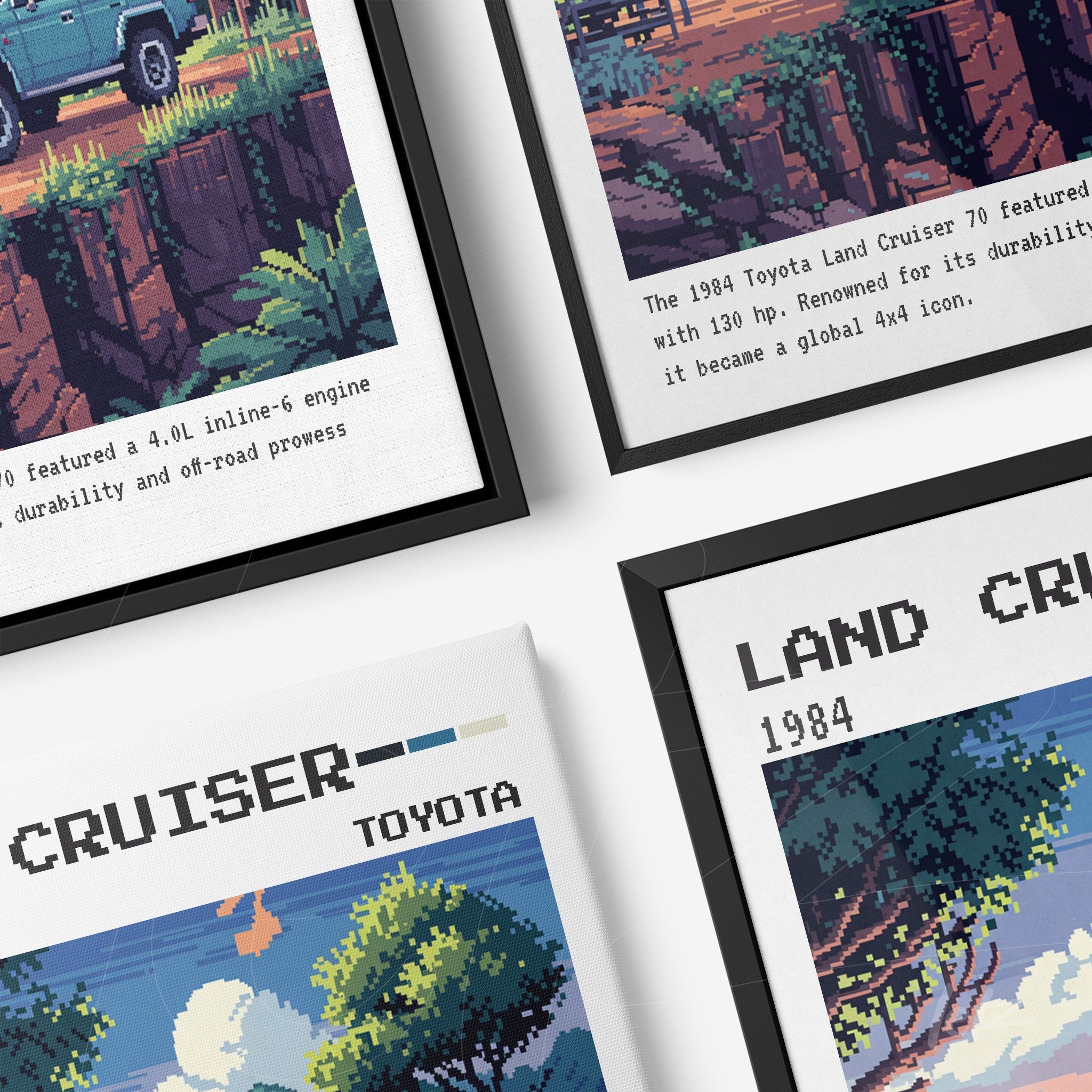 composição de quadros retrô com ilustrações pixeladas do Toyota Land Cruiser 1984, em molduras pretas e brancas