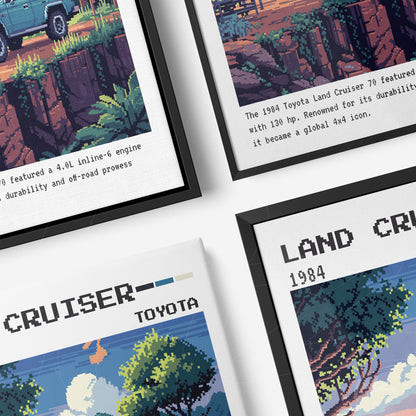 composição de quadros retrô com ilustrações pixeladas do Toyota Land Cruiser 1984, em molduras pretas e brancas