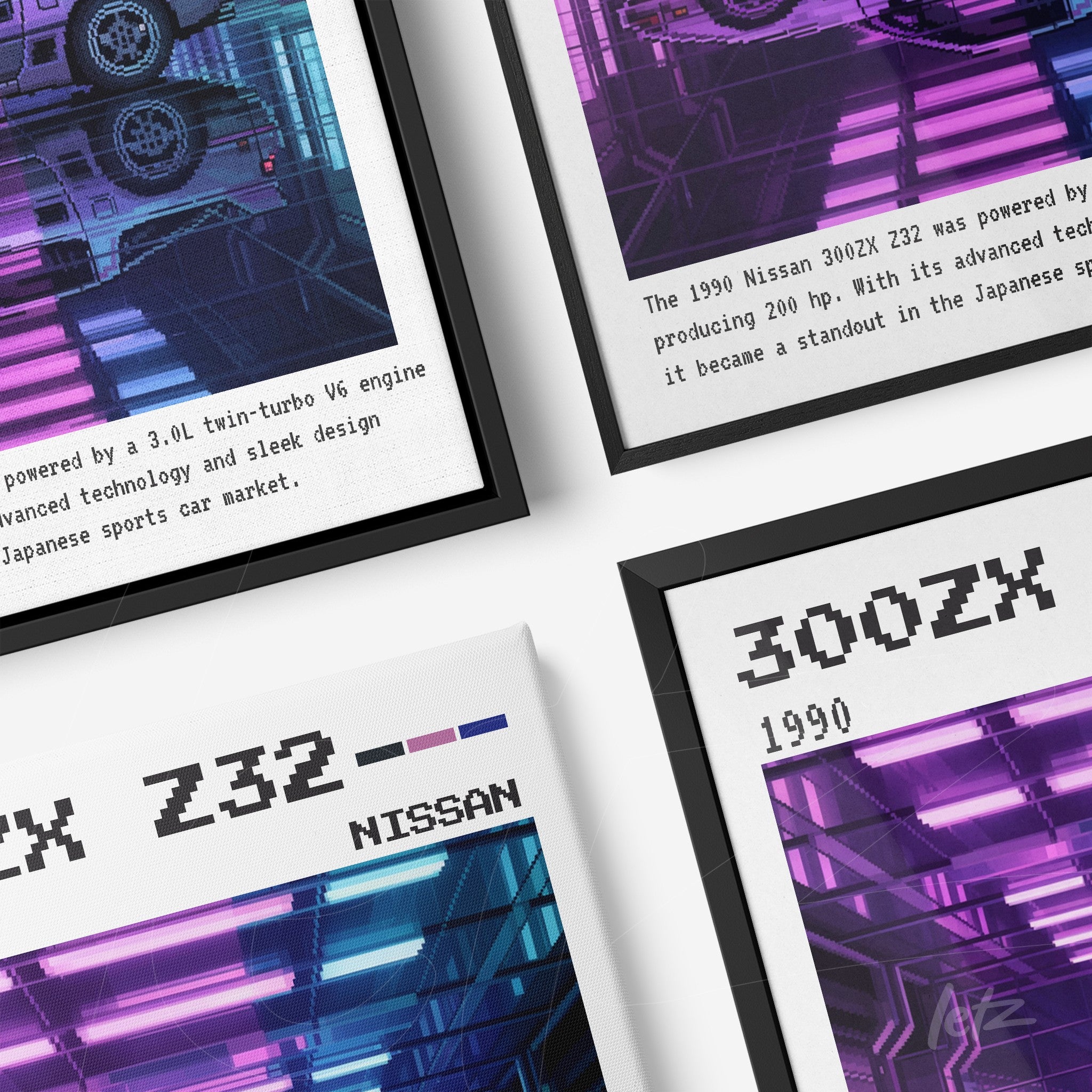 composição de quadros com arte digital do Nissan 300ZX Z32 em estilo retrô, destacando seu design e tecnologia em fundo futurista