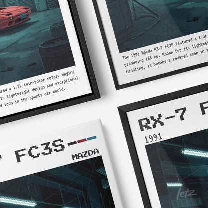série de quadros com arte digital do Mazda RX-7 FC3S, molduras preta e branca, fundo em tom cinza