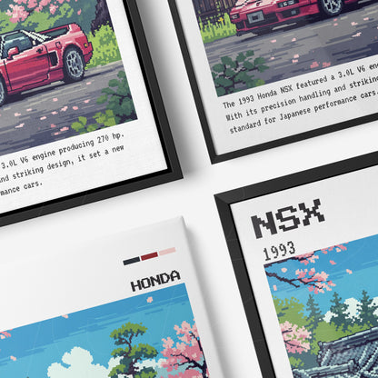 série de quadros com arte em pixel art do carro esportivo Honda NSX em diversas composições, incluindo fundo com flores de cerejeira e elementos urbanos