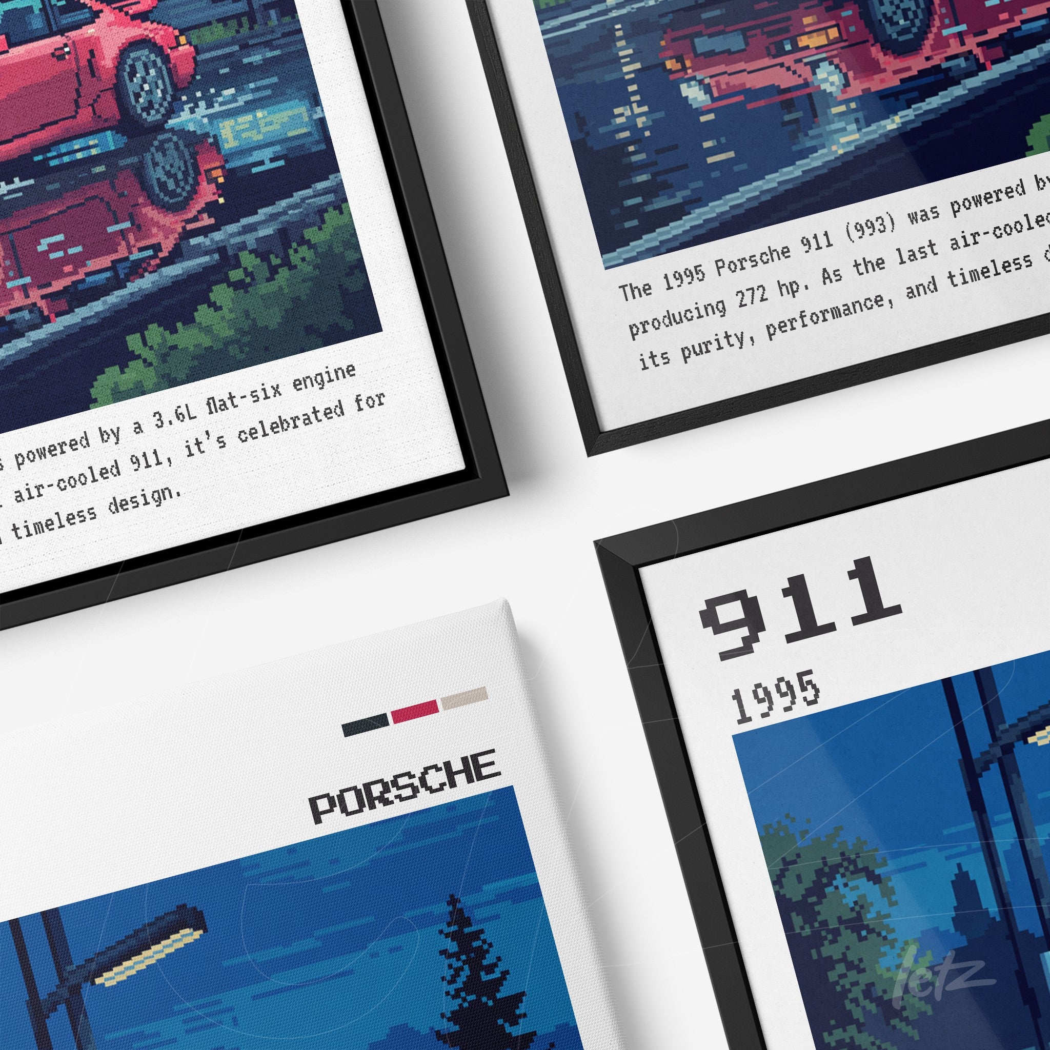 composição de quadros com arte pixelada retratando o Porsche 911 de 1995, em molduras preta e branca, fundo noturno urbano