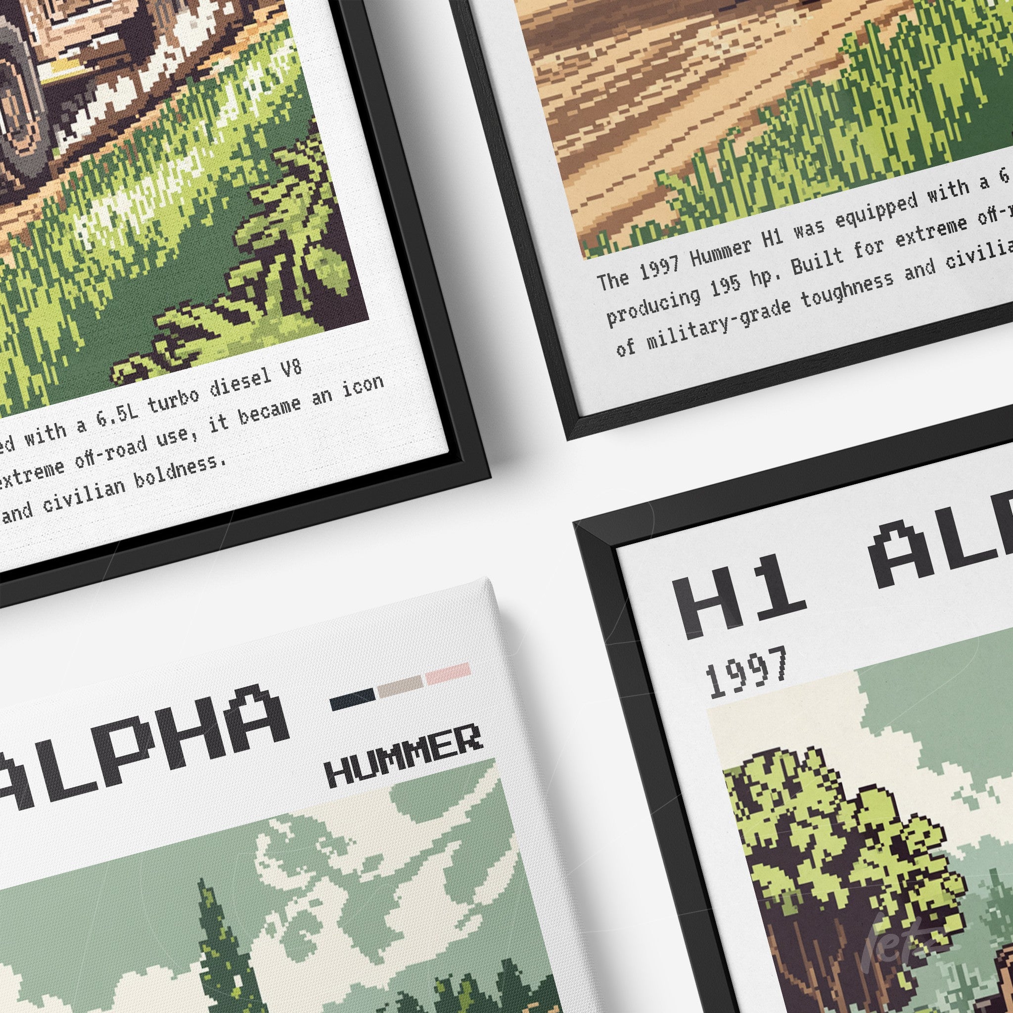 composição com quadros decorativos retrô do Hummer, apresentando gráficos pixelados em molduras pretas