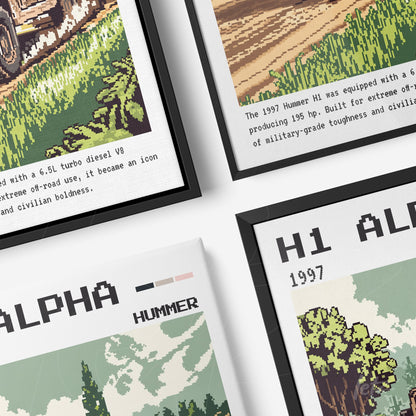 composição com quadros decorativos retrô do Hummer, apresentando gráficos pixelados em molduras pretas