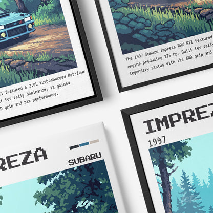 composição de quadros com arte pixelada do Subaru Impreza WRX STI em molduras pretas, mostrando detalhes da paisagem e informações sobre o veículo