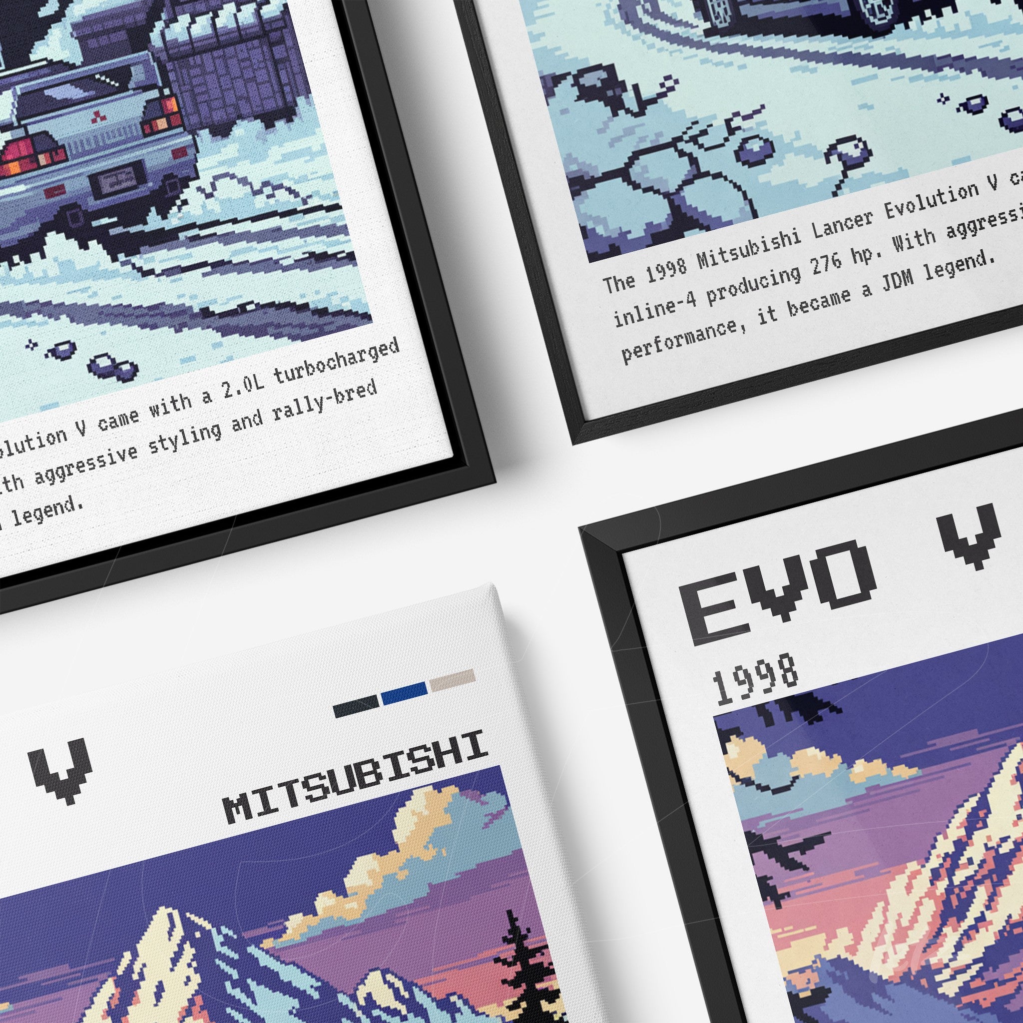 coleção de quadros com arte pixelada de carros Mitsubishi, destacando o modelo Lancer Evolution V em cena de neve com montanhas ao fundo