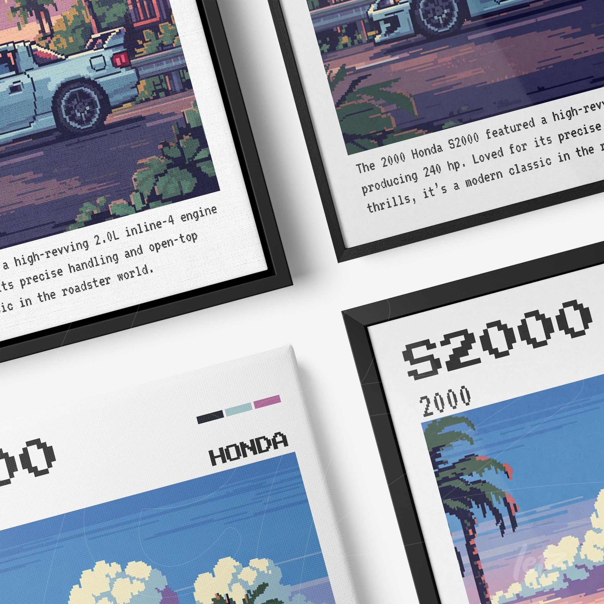 composição de quadros com arte digital de carros clássicos, molduras pretas e tema retrô com cores vibrantes