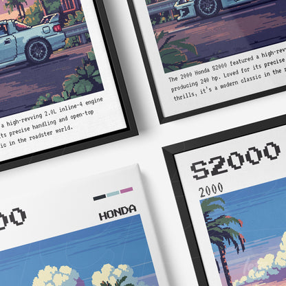 composição de quadros com arte digital de carros clássicos, molduras pretas e tema retrô com cores vibrantes