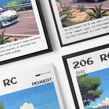 composição de quadros com artes estilizadas do Peugeot 206 RC, molduras pretas e fundo com cores vibrantes