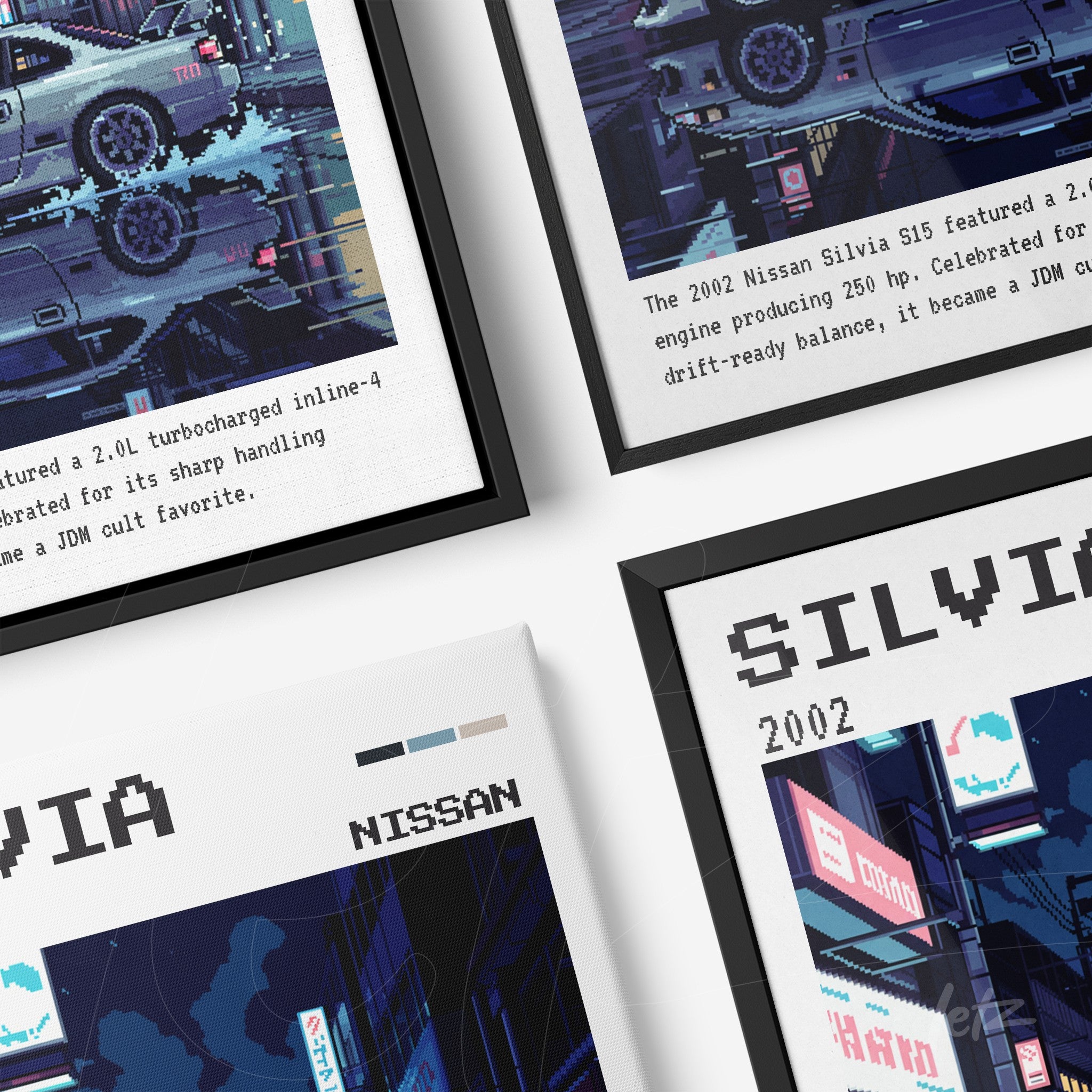 composição de quadros com ilustrações do Nissan Silvia, destacando detalhes do design automobilístico e molduras pretas