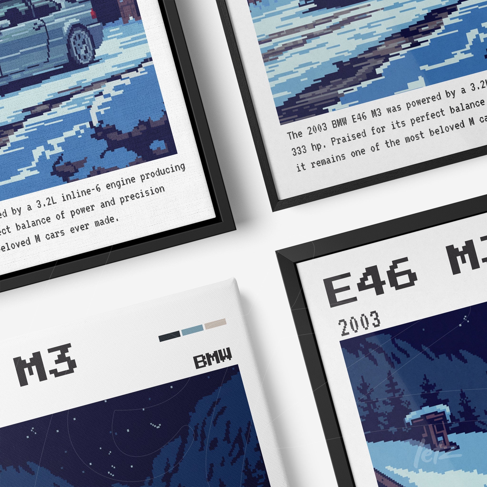 composição de quadros com arte pixelada do BMW M3 E46 em molduras preta e branca