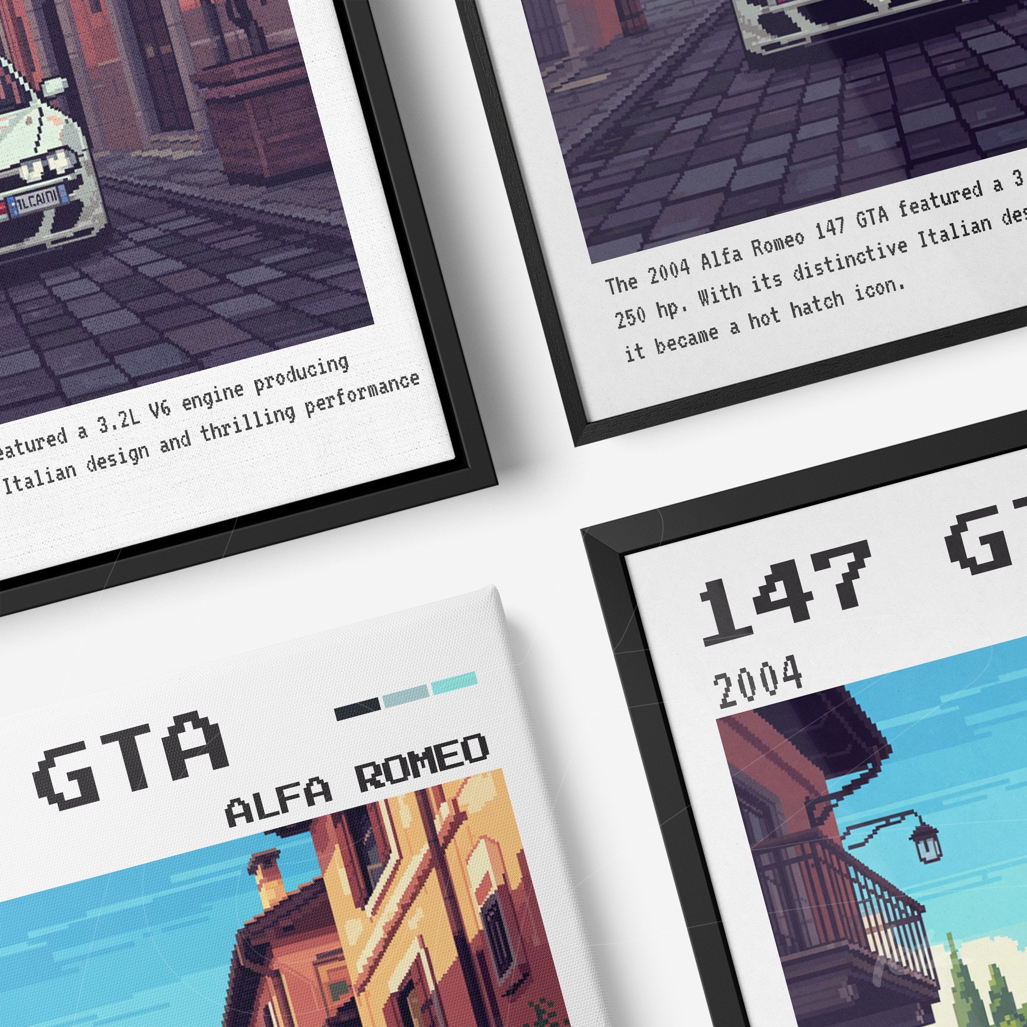 composição com dois quadros em molduras pretas, destacando um carro Alfa Romeo 147 GTA e elementos de design pixelado em fundo retrô