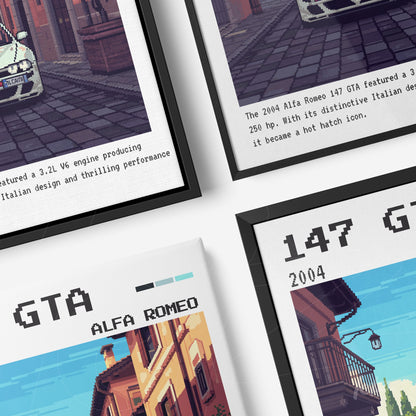 composição com dois quadros em molduras pretas, destacando um carro Alfa Romeo 147 GTA e elementos de design pixelado em fundo retrô