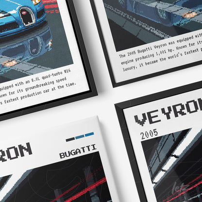 composição de quadros com arte digital retrô do carro Bugatti Veyron, incluindo detalhes como a descrição em texto e molduras pretas