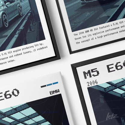 composição de quadros retratando o BMW M5 E60 em arte digital com moldura preta e moldura branca