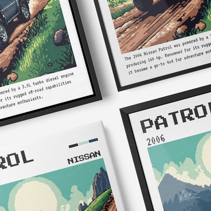 coleção de quadros com ilustrações pixeladas de carros 4x4, destaque para Nissan Patrol 2006 em moldura preta