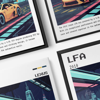 composição de quadros com arte digital do carro Lexus LFA em estilo retrô, moldura preta e detalhes em azul e laranja