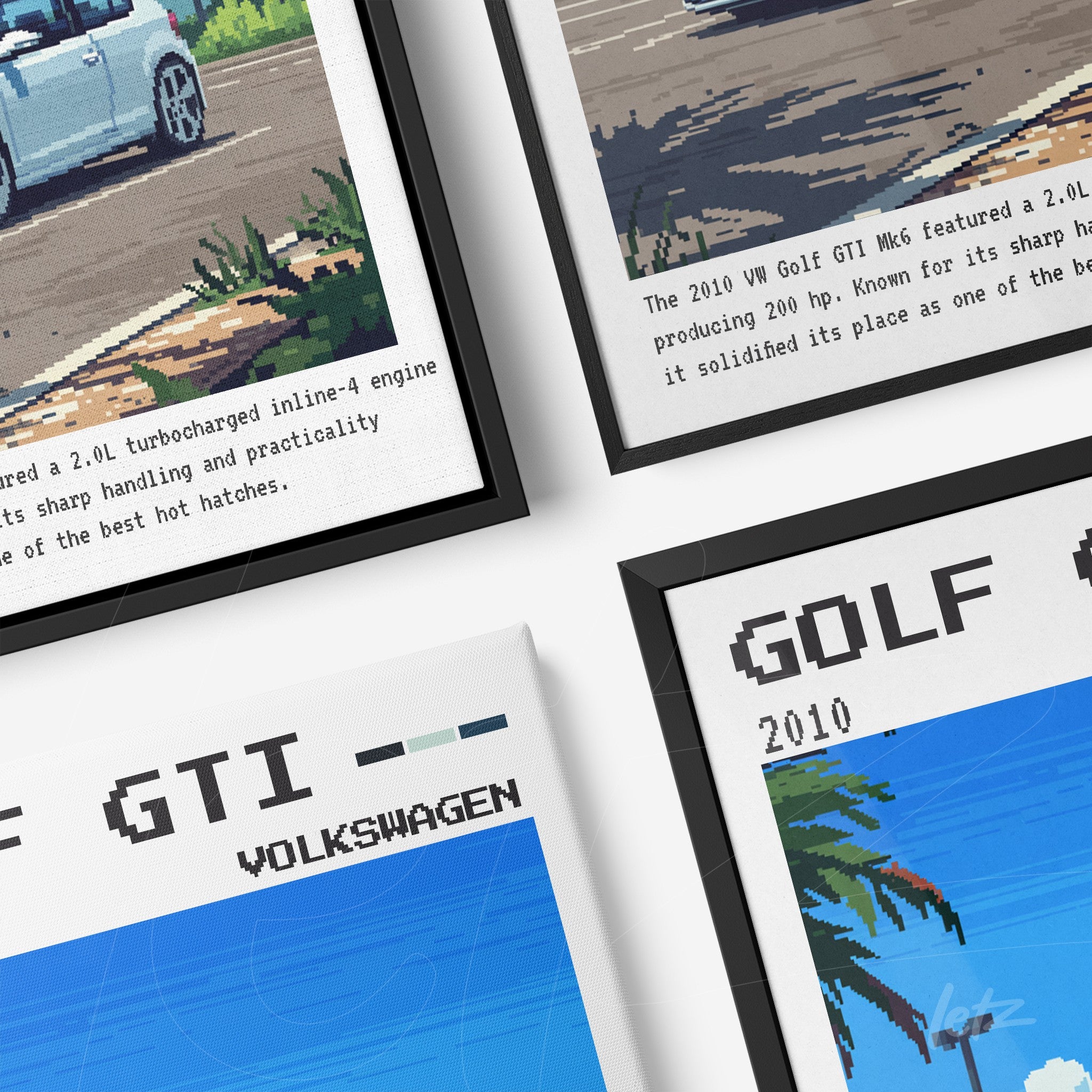 quadros com arte de carro mostra um Volkswagen Golf GTI vintage em estilo pixelado, em molduras pretas com fundo claro
