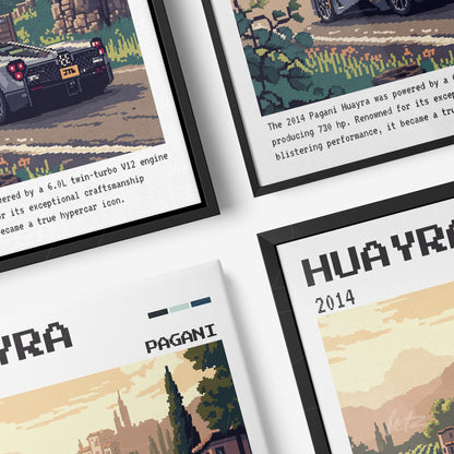 composição de quadros com arte digital do carro Pagani Huayra em estilo retrô, molduras pretas com detalhes em branco e fundo paisagístico