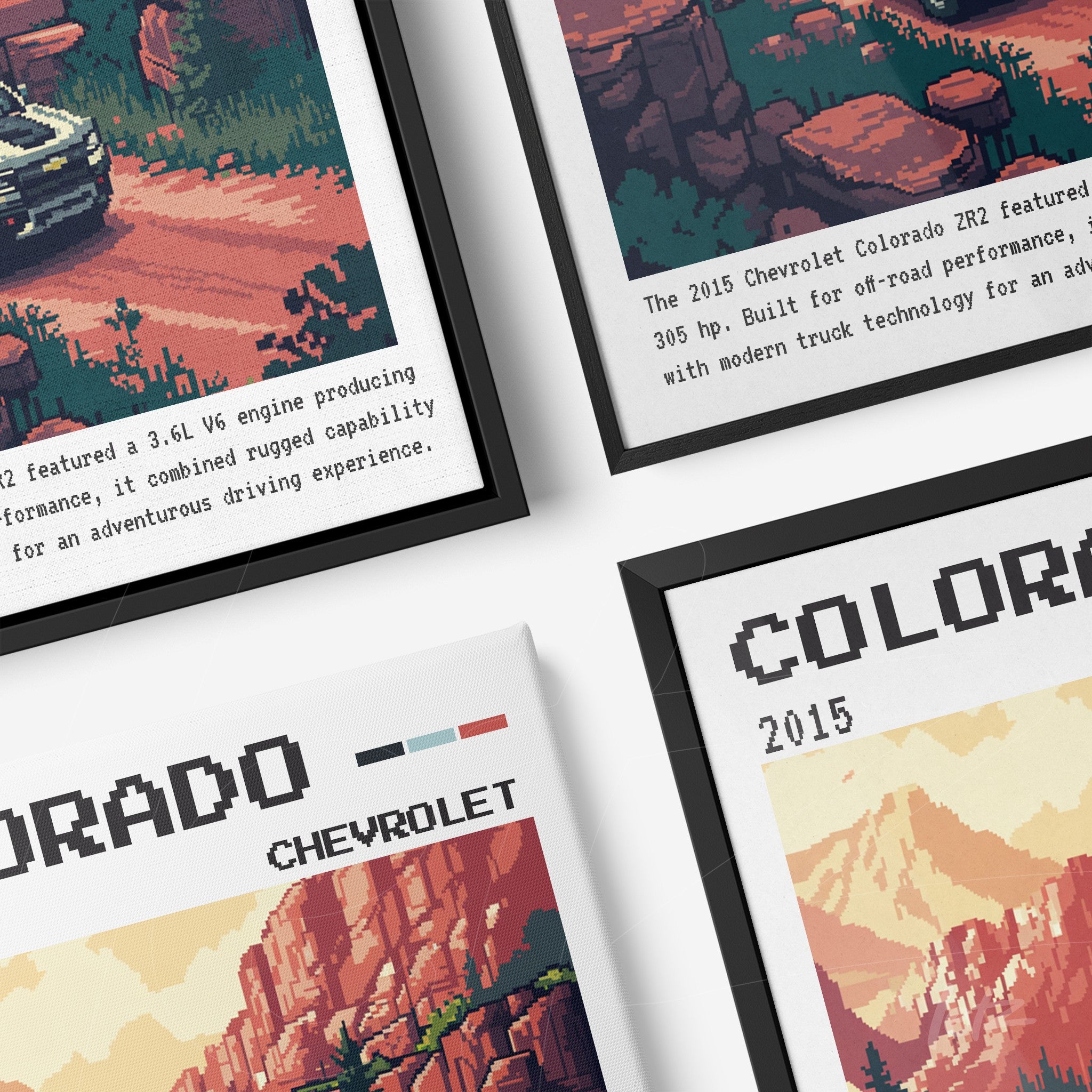 quadro com arte pixelada do carro Chevrolet Colorado em paisagem de deserto, moldura preta