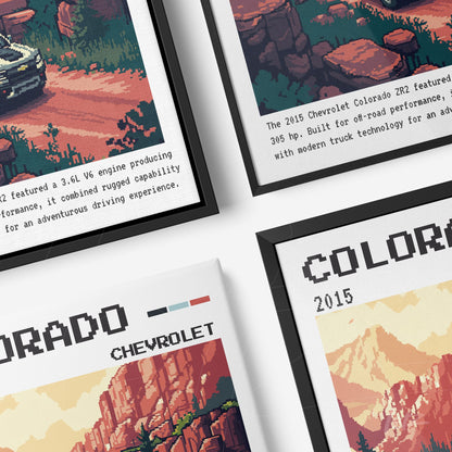 quadro com arte pixelada do carro Chevrolet Colorado em paisagem de deserto, moldura preta