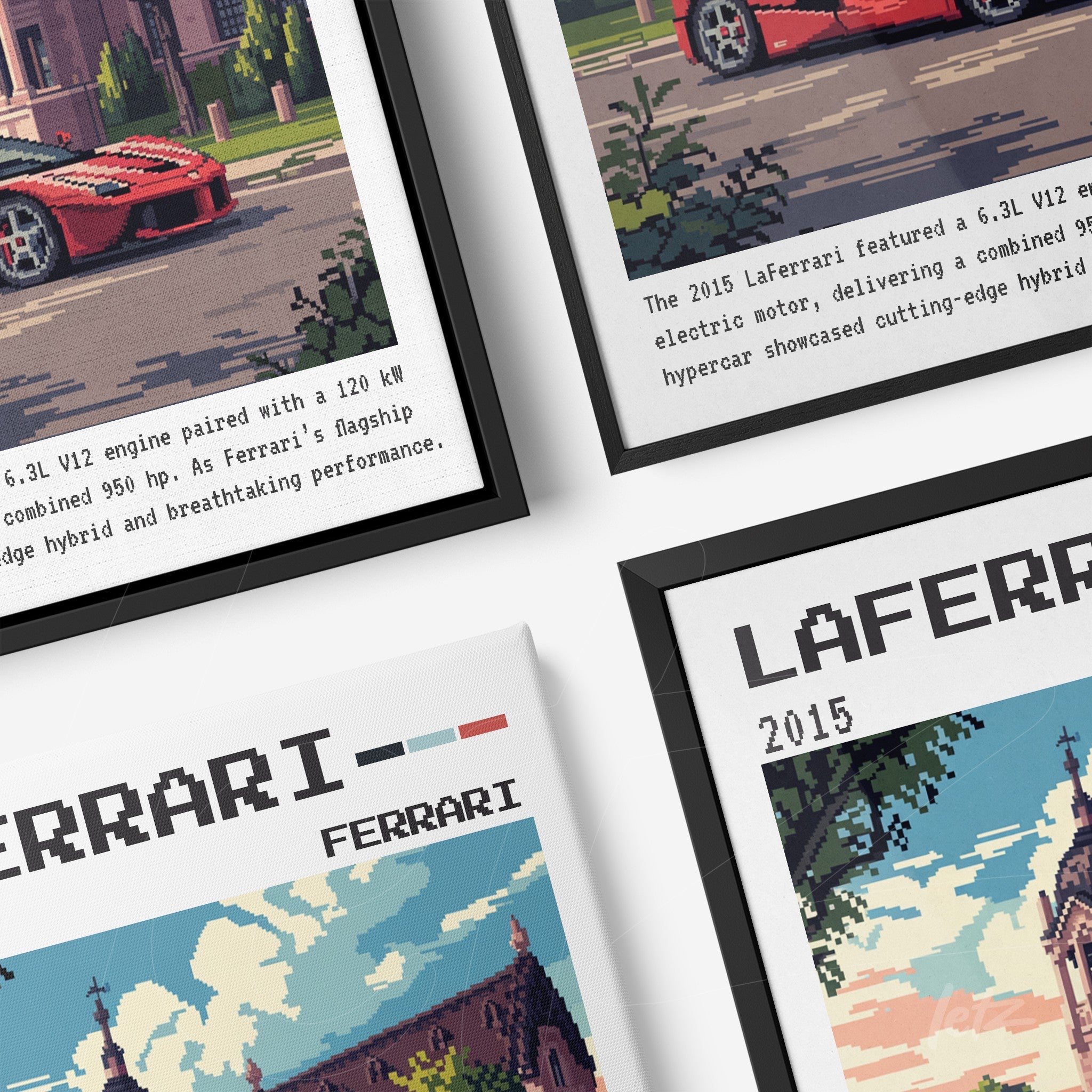 composição de quadros com arte pixelada do carro LaFerrari em molduras preta e branca