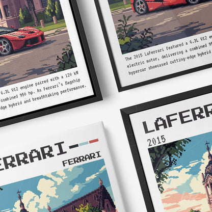 composição de quadros com arte pixelada do carro LaFerrari em molduras preta e branca