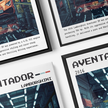 composição com quatro quadros decorativos retratando o Lamborghini Aventador SV em diferentes ângulos, com molduras preta e branca