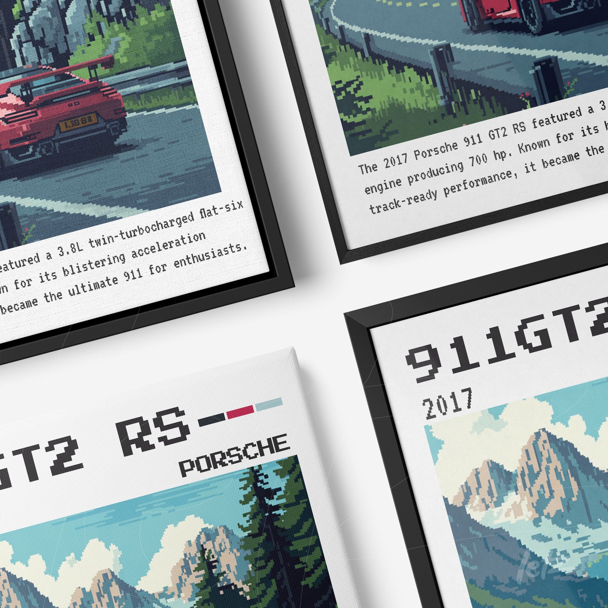 composição de quadros com arte pixelada dos modelos de carros Porsche 911 GT2 RS e 911 GT3 RS, molduras preta e branca em destaque