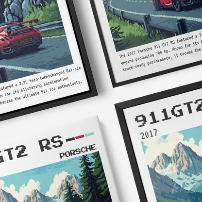 composição de quadros com arte pixelada dos modelos de carros Porsche 911 GT2 RS e 911 GT3 RS, molduras preta e branca em destaque
