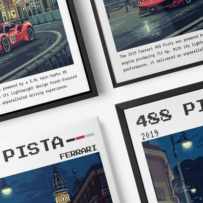composição com quadros decorativos do Ferrari 488 Pista em molduras pretas e brancas, com fundo de cidade europeia e detalhes gráficos