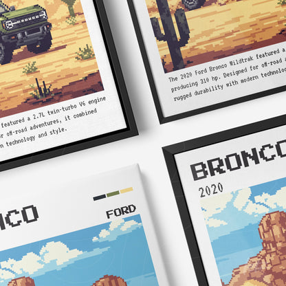 composição de quadros com arte digital do Ford Bronco em estilo retro, molduras preta e branca com detalhes do veículo em fundo desértico