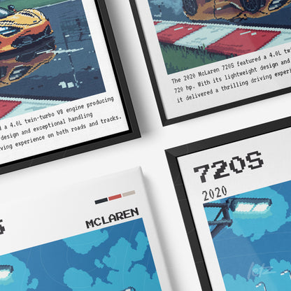 composição de quadros com arte pixelada do carro McLaren 720S em molduras pretas, destacando informações sobre o modelo e seu desempenho em fundo azul