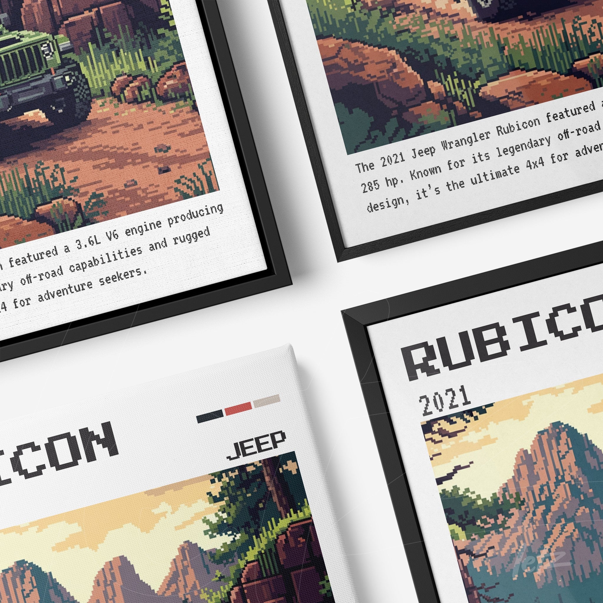 composição de quadros decorativos com arte pixelada do Jeep Wrangler Rubicon de 2021 em molduras pretas e brancas, destacando detalhes do veículo e uma paisagem montanhosa