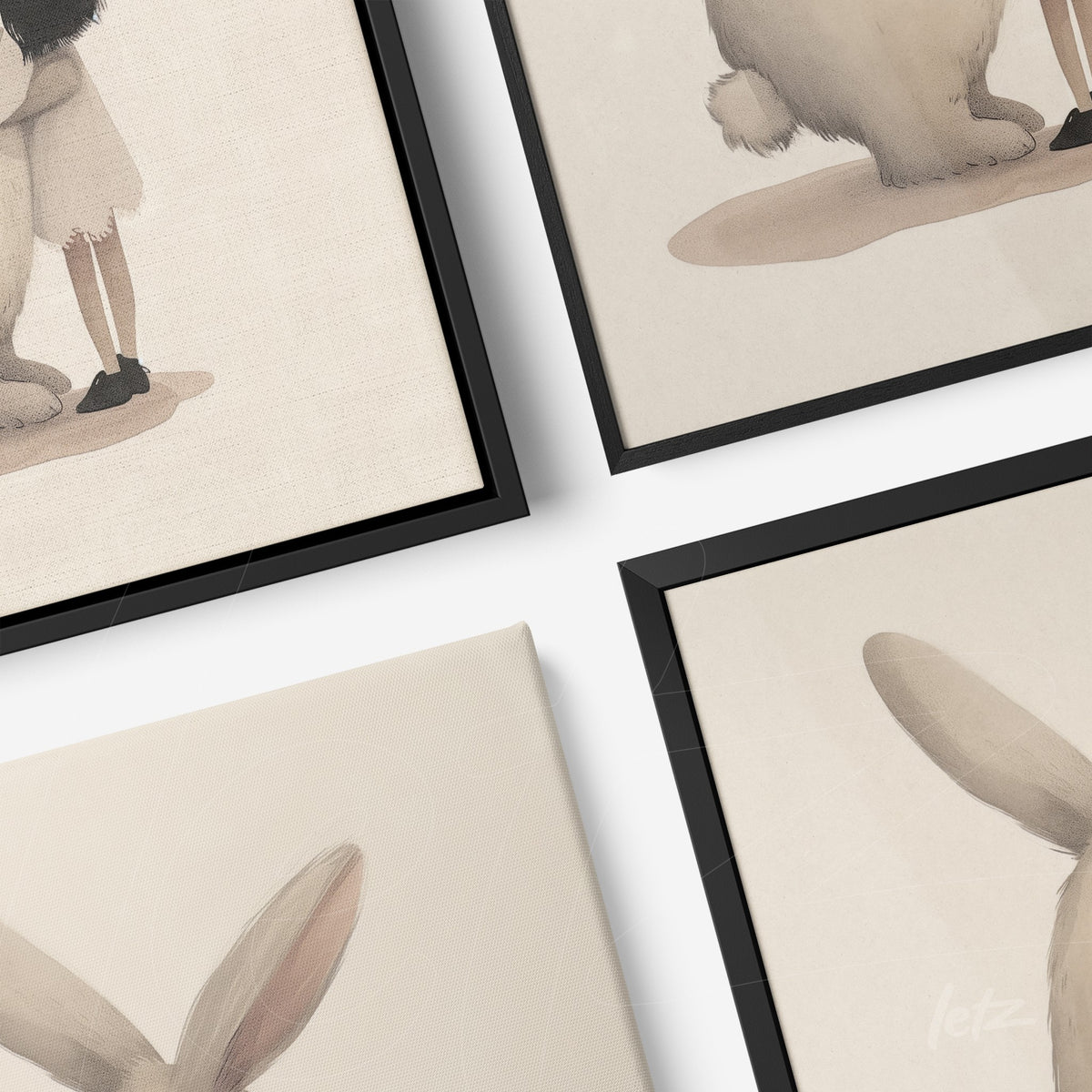composição com quadros decorativos que retratam ilustrações de uma menina ao lado de um coelho grande, molduras pretas, fundo claro e texturas sutis