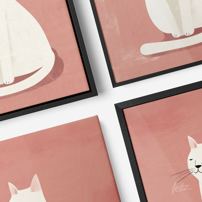série de quadros com ilustrações minimalistas de gatos em fundo rosa suave com moldura preta