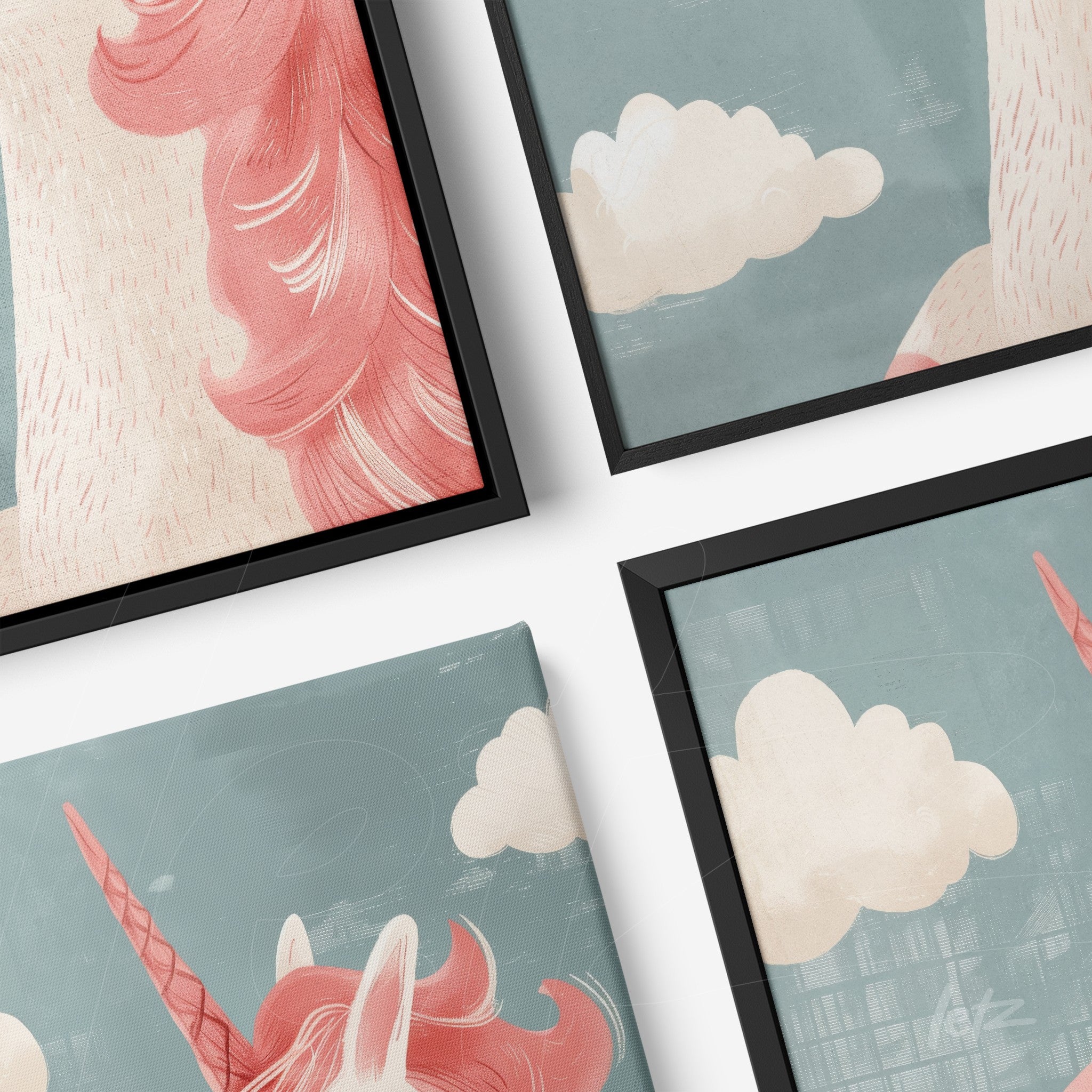 coleção de quadros com arte estilizada de unicórnios em fundo azul com nuvens, moldados em preto