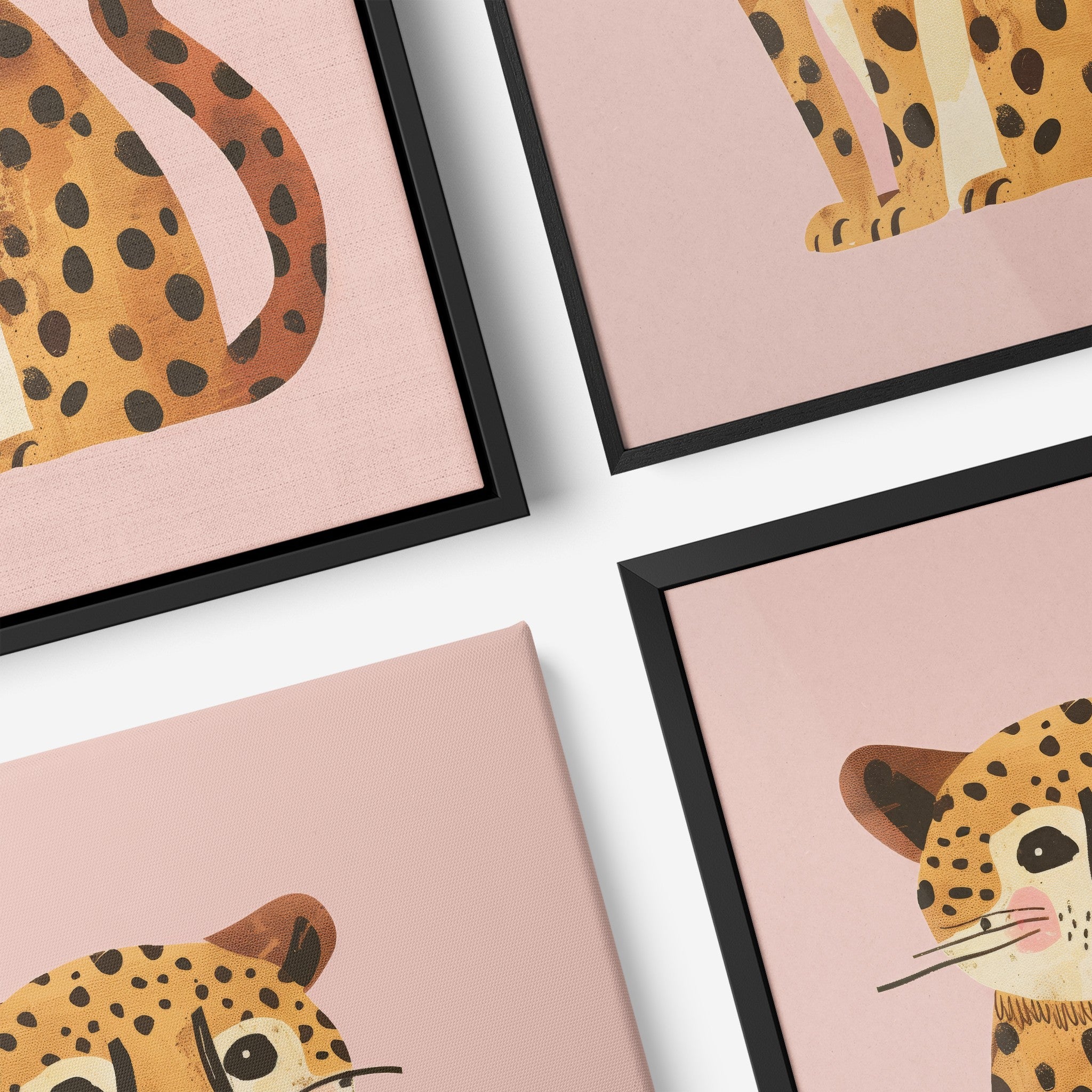 composição de quadros com ilustrações de felinos em fundo rosa, moldura preta, mostrando detalhes de um gato e uma onça