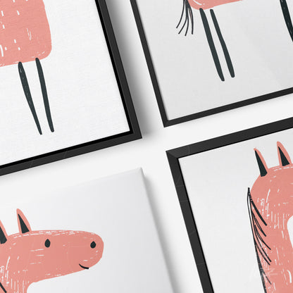 composição de quadros com ilustrações minimalistas de um cavalo rosa e uma figura humana em molduras pretas