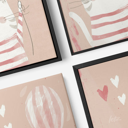 composição de quadros com ilustrações minimalistas de gatos, corações e balões em tons de rosa, molduras pretas finas