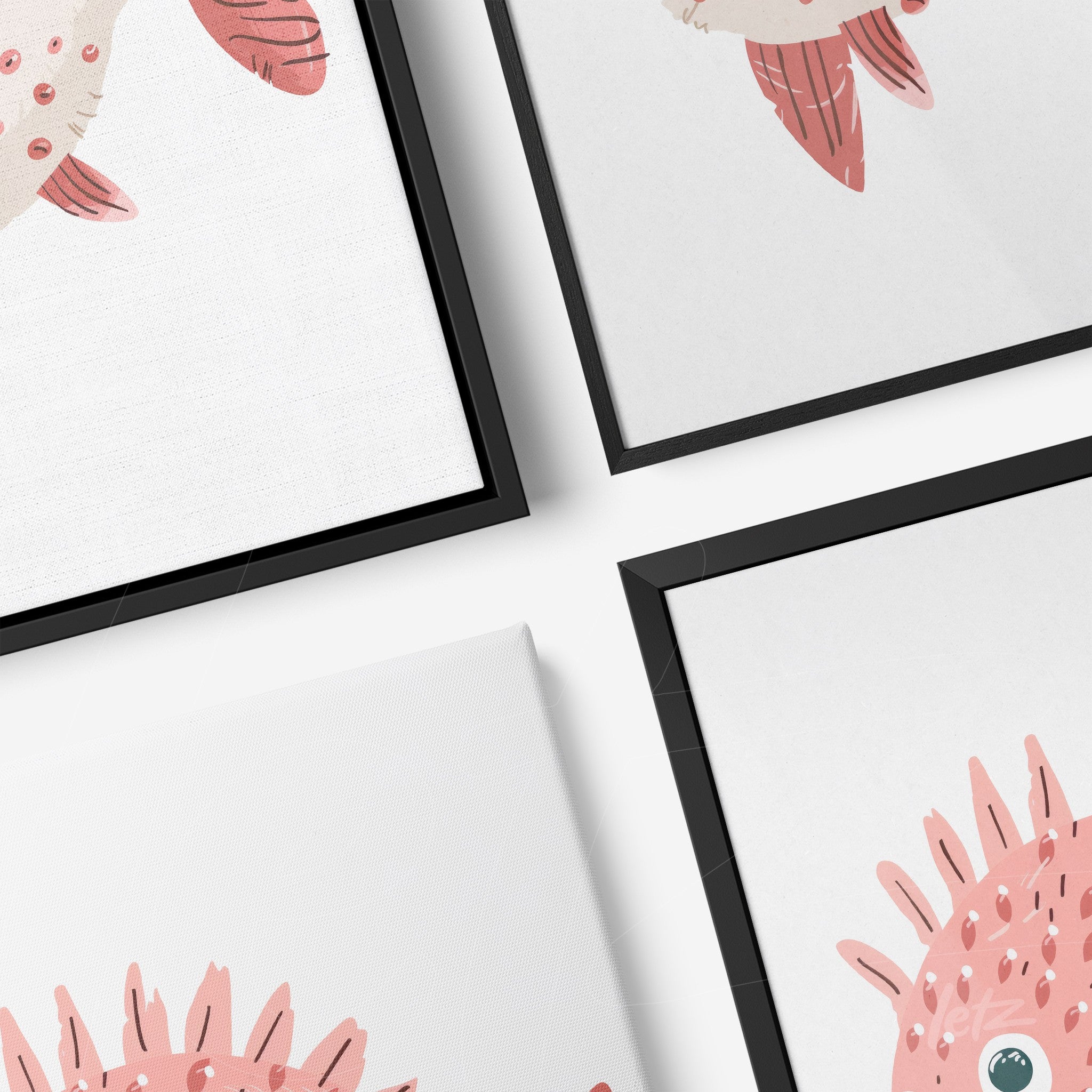 composição de quadros com ilustrações de peixes com detalhes em rosa, molduras pretas finas