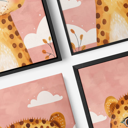 composição de quadros com ilustrações de onças em fundo rosa, algumas com moldura preta