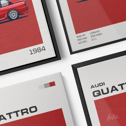 composição com quadros de arte digital do carro Audi Quattro, destacando detalhes em vermelho e preto sobre fundo branco