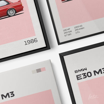 composição de quadros com ilustrações do carro BMW E30 M3 em estilo minimalista com fundo rosa e informações gráficas