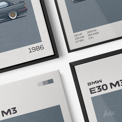 quadro com arte minimalista do carro BMW E30 M3 em duas molduras, uma preta e outra natural, com fundo azul e detalhes sobre especificações do veículo