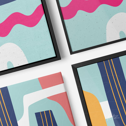 ```json
{
  "alt": "coleção de quadros modernos estilo boho com molduras pretas finas sobre fundo claro, apresentando formas geométricas e cores vivas como azul, rosa e amarelo",
  "alt_en": "collection of modern boho style frames with thin black borders on a light background, featuring geometric shapes and vibrant colors like blue, pink, and yellow"
}
```