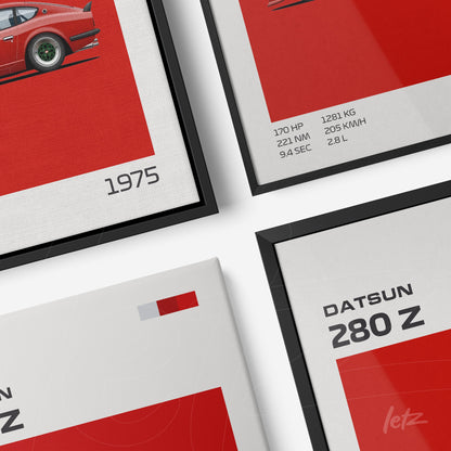 composição de quadros com ilustrações de carros vintage Datsun, destacando o modelo 280 Z em molduras pretas e brancas