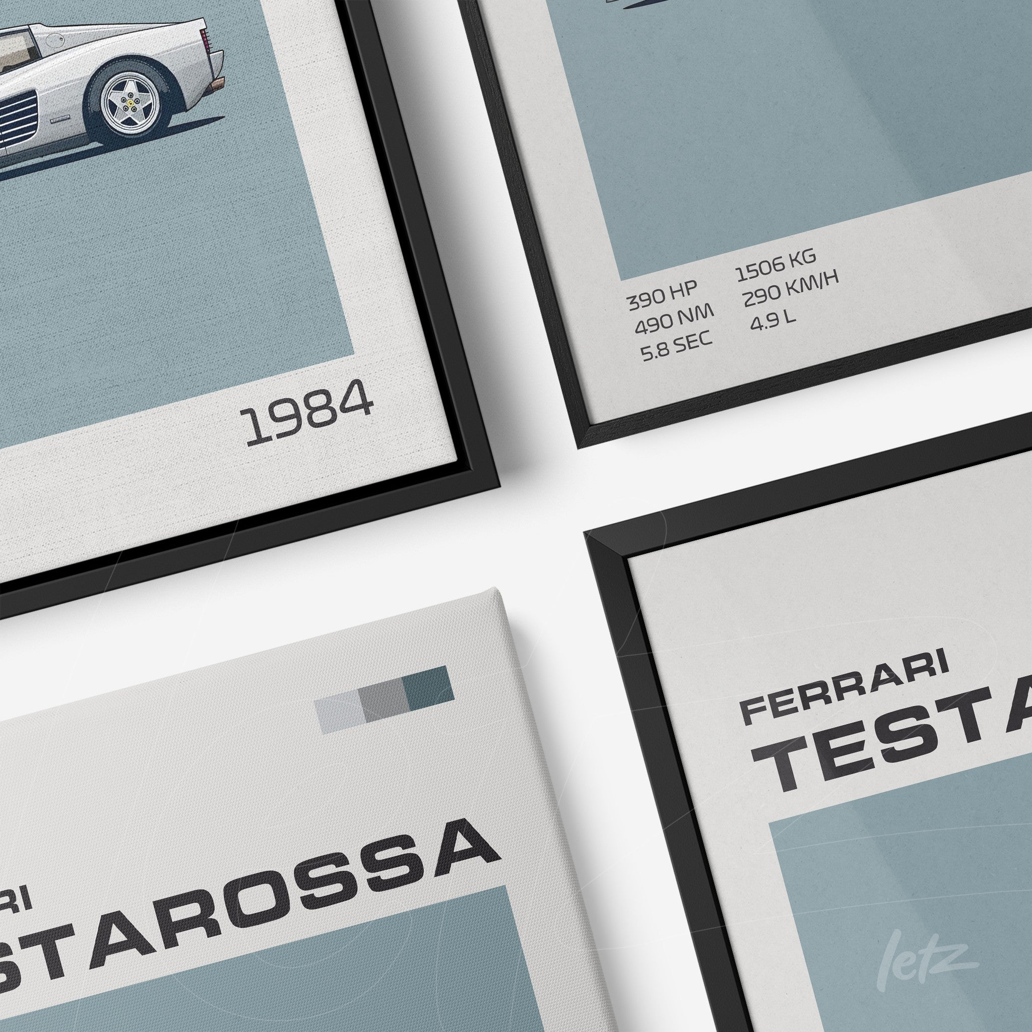 composição de quadros com arte digital da Ferrari Testarossa em moldura preta e tela em canvas