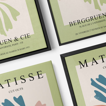 composição de quadros com arte inspirada em Matisse e cores suaves, moldura preta e fundo verde claro