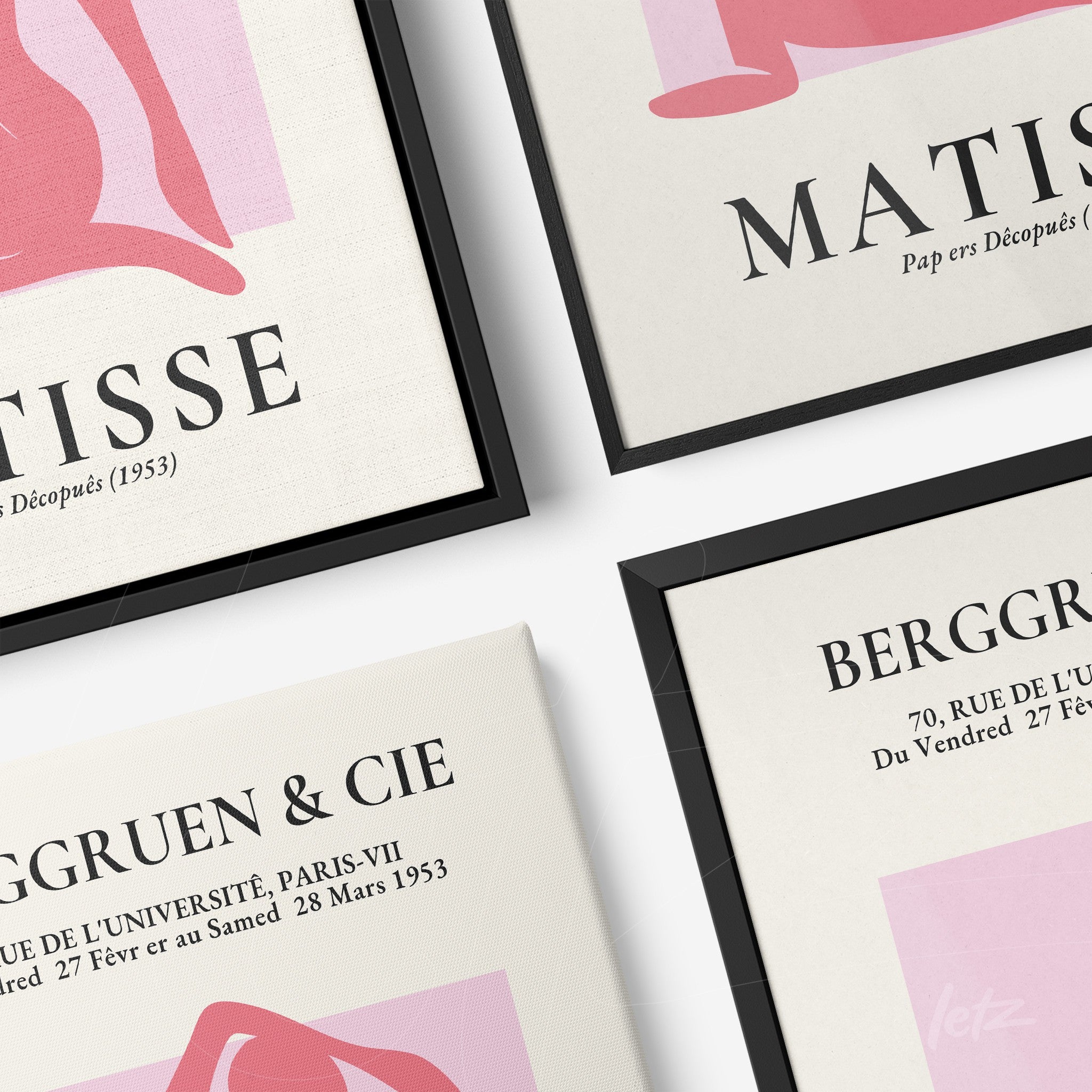 composição com quadros de arte moderna em molduras pretas, com obras de Matisse e Berggruen & Cie, exibindo formas abstratas e cores suaves sobre fundo claro